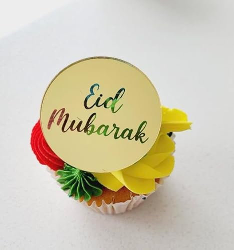 6 Pcs Eid Mubarak Cupcake Disc Toppers, Gold, Rose Gold, Silver Eid Cupcake Discs, Eid Cupcake Toppers, Eid Gift Tags, Eid Gift Charms, Decorations. (Gold)