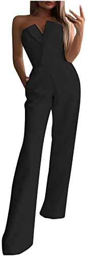 Zeiayuas Bandeau Jumpsuit for Women UK Elegant Party Wedding Guest Outfits Evening Club Formal Playsuits Summer Straight Wide Leg Overalls Trousers with Pocket Ladies Romper Office Work Playsuit