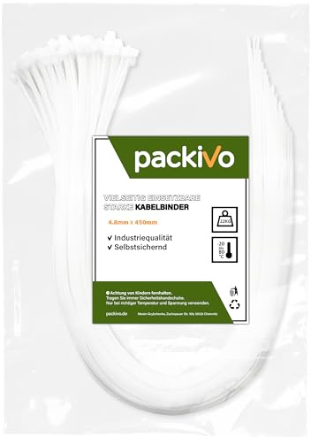 PACKIVO Bridas profesionales de 4,8 x 450 mm, 100 unidades, color blanco, calidad industrial, resistencia a la tracción hasta 22 kg, gestión de cables, industria, talleres, jardín, fijación