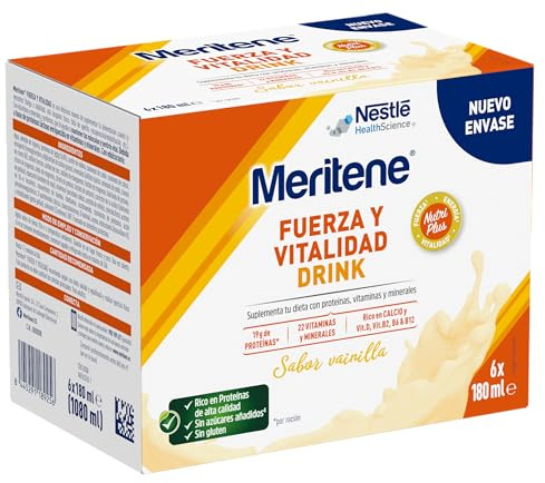 Meritene Fuerza y Vitalidad Drink Sabor Vainilla | 6 Unidades x 180ml | Con proteínas, calcio y vitamina D · Reduce el cansancio · Bajo en calorías