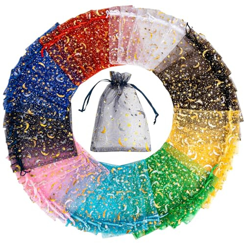 Sukh 100 Stück Organza-Beutel 10 x 15 cm – Mond Stern transparente Netzbeutel Kordelzug Geschenk Gastgeschenk Lavendel Süßes leeres Armband Schmuck Geschenkbeutel Seife Verpackung für Eve Halloween