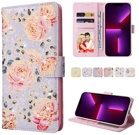FMPCUON Custodia per iPhone 13 Mini Cover Antiurto Portafoglio Magnetica Flip con Chiusura RFID Blocco Tasca Carte Pelle Sintetica Portacellulare Compatibile con iPhone 13 Mini,Rose