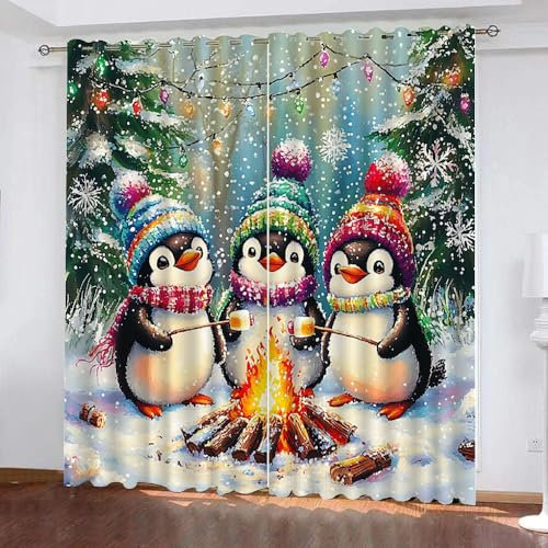 Generisch Vorhang Blickdicht Weihnachten Pinguin 2 Stück H 140Cm X B 60Cm,Gardinen Kurz Modern Fenster Mit Ösen,Verdunklungsvorhänge Lichtundurchlässig Kinderzimmer,Kinder Vorhang Verdunkelung,A20