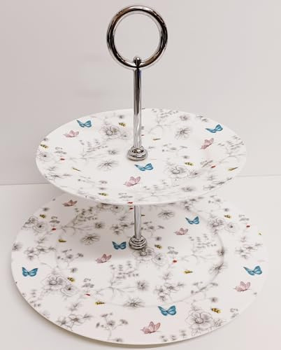 Secret Garden Présentoir à gâteaux 2 étages en porcelaine fine Motif fleurs papillons et abeilles