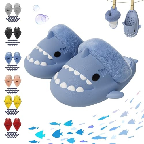 Overhil1s Invierno Cálido Zapatillas Tiburon Peludas for Niño y Adulto CáLidas Impermeables Antideslizantes Forro De Felpa ExtraíBle Pantuflas Shark Lindas(Azul,35/36 EU)