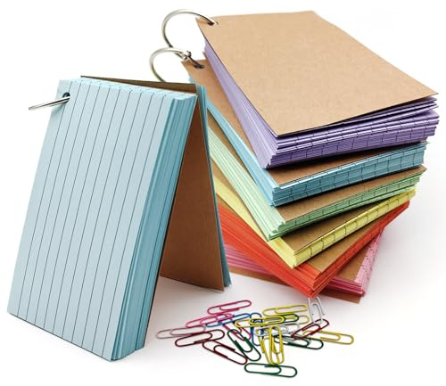 600PCS Coloured Revision Flash Cards, 6 Pack 5x3 Inch Blank Index Note Cards, Plain Flashcards with 6 Binder Rings & 20 Paper Clips for School Office Home Study