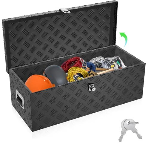 SUBTLETY 60L Aluminium Werkzeugkästen mit 2 Schlüssel Abschließbare Transportbox Wasserdichte Metallkiste Werkzeugkoffer Aufbewahrung Deichselbox mit Deckel Alukiste für PKW Anhänger (Schwarz)