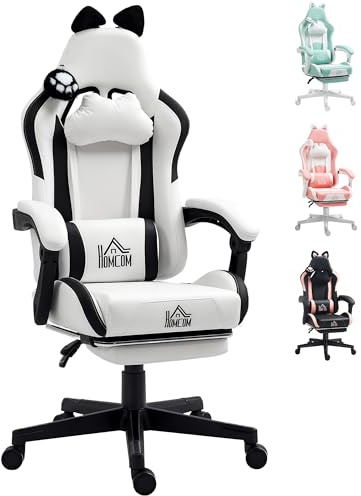 HOMCOM Silla Gaming con Orejas Reclinable 135° Altura Ajustable Blanco | Silla Gamer Racing de Cuero PU, Altura Ajustable, Orejas Conejo, Reposacabezas, Reposapiés Retráctil, Oficina/Estudio