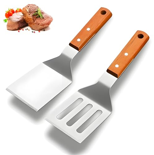 Lot de 2 spatules en acier inoxydable pour barbecue, spatules de cuisine, spatules à plancha, spatules lisses et perforées avec poignées en bois pour teppanyaki, hamburgers, steak, pizza, plaque de