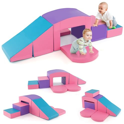 COSTWAY 7 TLG. Schaumstoffbausteine, Softbausteine mit Tunne, Treppe & Rampe, EN71-zertifiziert, Riesenbausteine zum Klettern & Toben, Großbausteine aus Schaumstoff Indoor für Kinder (Lila+Rosa)