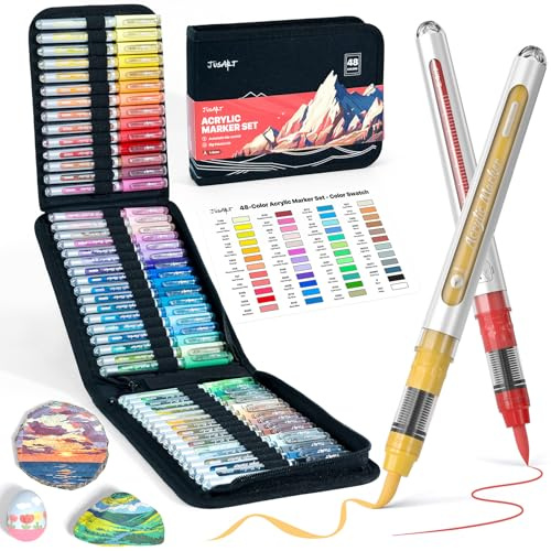JusArt 48 Colori Pennarelli per Pittura Acrilica con Borsa di Tela, Penne a Base d'Acqua Senza Sbavature con Controllo Automatico dell'Inchiostro, Pennarelli Impermeabili con Punta a Pennello per Arte
