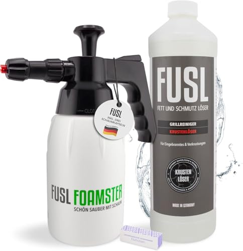 FUSL Grillreiniger Set – FOAMSTER Schaumkanone + 1L Krustenlöser – Extra starker Grillreiniger für Gasgrill, Smoker & Grillrost – Biologisch Abbaubar & Effektiv – Made in Germany
