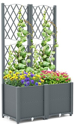 COSTWAY Letto da Giardino Elevato con Trellis (Grigio, 80 x 40 x 140 cm) | Fioriera Autoinnaffiata per Piante Rampicanti, Fiori e Verdure, Fioriera Verticale da Interno e Esterno