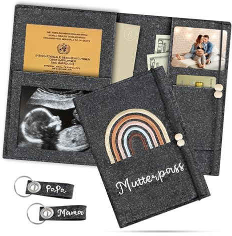 Mutterpasshülle aus Filz für Deutschen Mutterpass, Mutterpass Hülle mit Fächern, Mutterpass Schutzhülle aus Filz für Ultraschallbild, Impfpass und Versichertenkarte(Dunkelgrau)