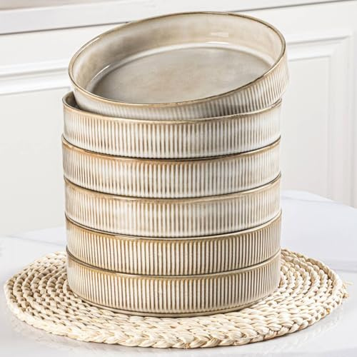 GBhome Steingut Suppenteller 19cm, Tiefe Teller Set Für 6 Pers. Kratzfeste Pasta Teller Tief Groß Für Spülmaschine, Mikrowelle,Cappuccino