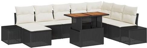 vidaXL Garten Essgruppe mit Kissen 9 pcs Schwarz und Creme, Garten Loungeset, modernes modulares Essen, rechteckiger Tisch, verstellbare Füße, Terrassenmöbel, Poly-Rattan