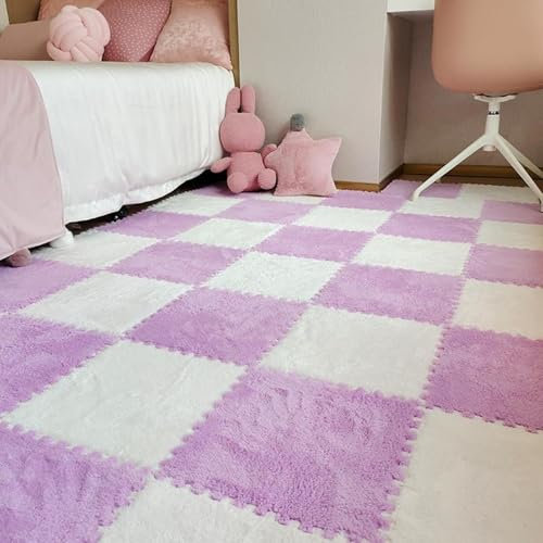 Weiche, Ineinander Greifende Eva-Schaumstoffmatten 12 X 12 Zoll Puzzle-Teppichfliesen 12-teiliger Rutschfester Bodenteppich for Kinderzimmer Wohnzimmer Spielzimmer(Purple+White)