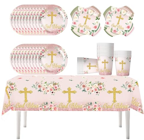 Fuwraixis Vajilla floral rosa para fiestas, 61 Piezas Comunión Bautizo Vajilla infantil para cumpleaños, God bless Fiesta Platos de papel, Servilletas Vasos de papel Manteles, Para 20 Personas