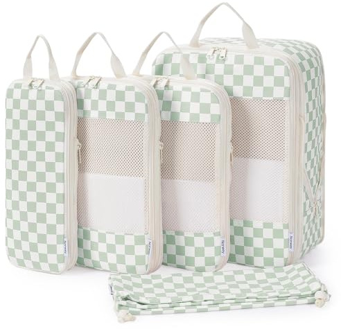 Narwey 5 Teilige Kompression Koffer Organizer Set, Compression Packing Cubes Reise Packwürfel Rucksack Organizer Set Packtaschen für Koffer, Kofferorganizer Travel Essentials Bag (Checker Mintgrünes)