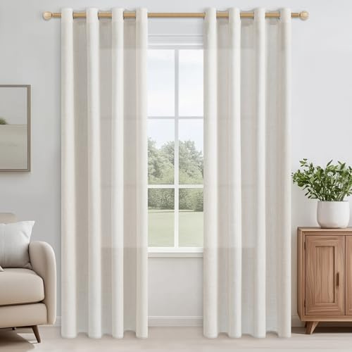CUTEWIND Gardinen mit Ösen Leinenoptik Halbtransparent für Wohnzimmer Ösenschal 2er Set, Vorhänge Landhausstil Schlafzimmer 230 cm Lang 140 cm Breit Elfenbeinweiß, Leinen Curtains Living Room