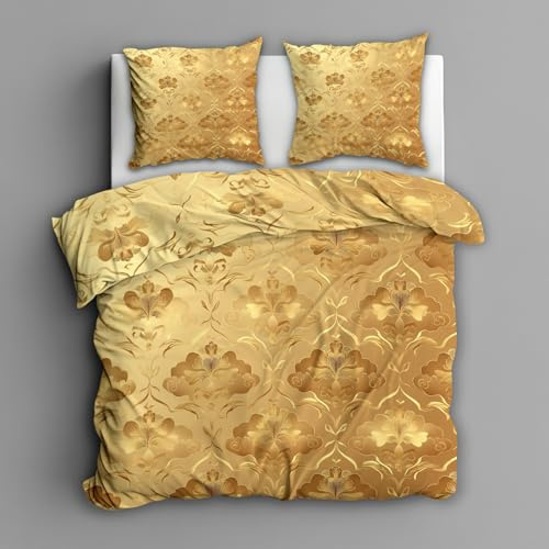 Generisch Bettwäsche 135x200 Gold Vintage Barock Design, 2teilig - Ethnisch Blumen Boho Damast Bettbezug und 1 Kissenbezug 80x80, Wendebettwäsche, Schlafzimmer Deko, Mikrofaser, mit Reißverschluss 7B