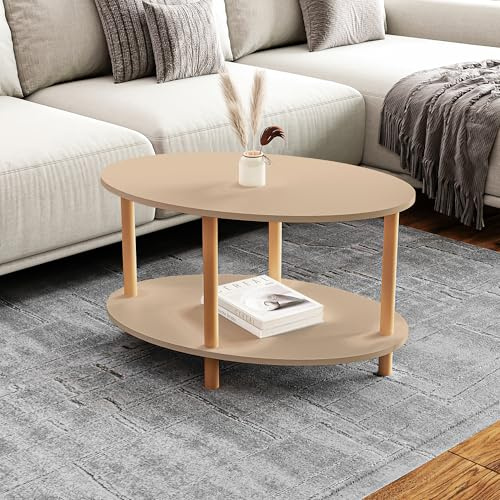 [en.casa] Mesa de Centro Ovalada Højreby con Estante y 4 Patas Mesa Auxiliar Mueble de Salón Oficina Aglomerado/Madera de Haya 43 x 70 x 44 cm - Cappucino