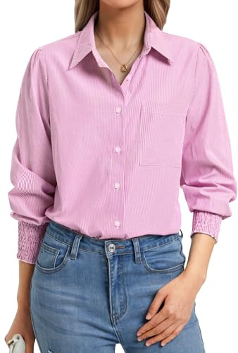 Enmain Camisa Mujer Manga Larga de Rayas Elegante Rosa Camisas con Botones Blusa con Cuello V Informal Básica Trabajo Empresa, 2XL
