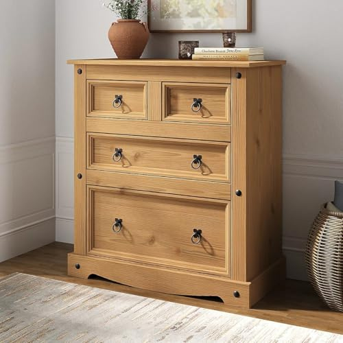 Corona Chest of Drawers 4 Drawer Solid Pine Wood with Traditional Design, Large Drawer Space, Black Metal Hardware, Wax Finish, 90cm H x 82cm W x 40cm D