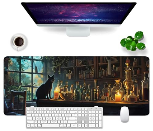 Schreibtischunterlage xl Mauspad Katze 80x30 cm Groß Gaming Mousepad PC Professionelle Gamer Mauspad Schreibtisch Zubehör Bürodekoration (Katze und Haus)