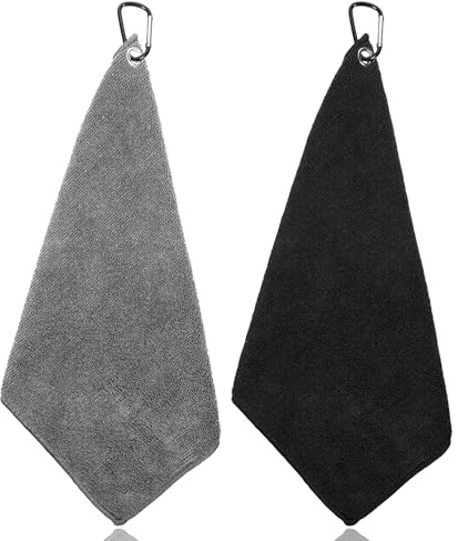VQUNBG 2 Pezzi Asciugamano da Golf in Microfibra, Asciugamano per Pulizia del Golf con Moschettone, per Palestra, Fitness, Corsa, Yoga, Sport all'Aria Aperta, 30 x 30cm (Nero,Grigio)