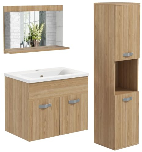 kleankin Conjunto de Muebles de Baño de Pared de 3 Piezas, Incluye Espejo, Mueble de Baño con Lavabo Cerámico, Armario Alto con Estantes Ajustables, Estilo Moderno, Natural