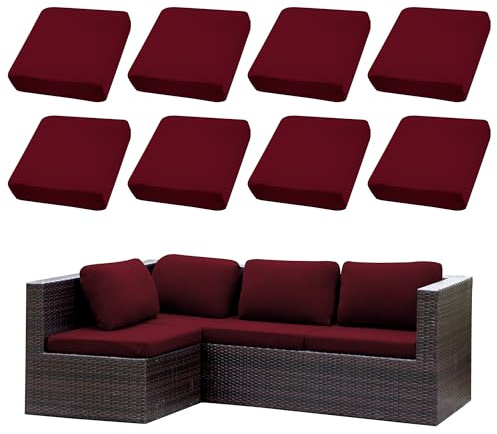 SUKAIKEQA Ensemble de 8 Housses de Coussins pour terrasse|Housses pour canapés d'extérieur|Housses Extensibles pour Coussins de canapé|Protections pour Meubles lavables et réutilisables (1, Bordeaux)