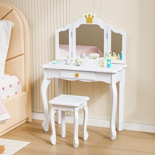 Bonnlo Schminktisch mit Hocker und Abnehmbarer Spiegel, Kindertisch mit Schublade für Mädchen ab 3 Jahren, Kronen-Muster Rosa (ohne LED Weiß)