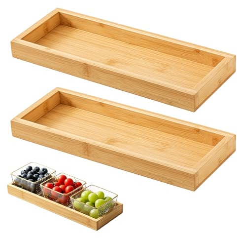 2 Stück Bambus Tablett, 29 x 10,6 x 2,8 cm Bambus Tablett Rechteckig Bad | Serviertablett Holz, Bamboo Tray mit Erhöhtem Rand, Holzoptik Holztablett Rechteckig für Küche, Couchtisch, Bad, Schminktisch