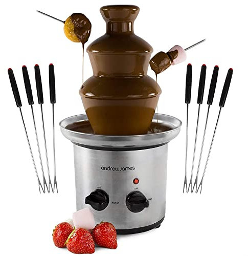 Andrew James Chocolate Fountain with 8 Skewers | 3 Tiers Fondue Set with Extra Deep Drip Tray | Electric Fondue Set Great for Parties and Entertaining | 1 L Capacity Chocolate Fountains
