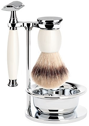 MÜHLE Rasierset mit Schale - Sophist Serie - Silvertip Fibre - Rasierhobel - Porzellan weiß