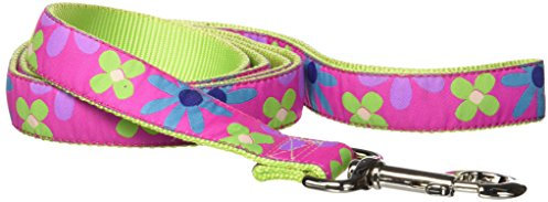 Hamilton Single Thick Dog Leash with Retro Floral Patterned Ribbon Overlay, 1 x 6', Pink
