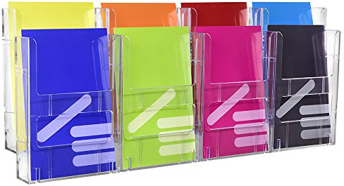 Zeigis Wandprospekthalter mit 8 Fächern für DIN A5 Hoch transparent | Für Flyer und Prospekte in DIN A5 Hoch, 23mm Fülltiefe je Fach, modulares System mit Wandschiene, erweiterbar