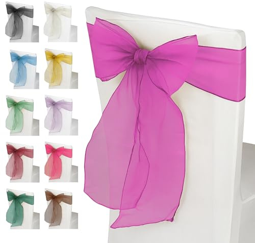 Trimming Shop Chaise Organza Sashes pour Le Mariage, Fuller Bows Chair Couverture Arc Sash pour Fournitures de fête, Anniversaire, Noël, Chaise de Banquet, Fuchsia, 25pcs