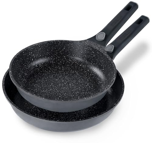 STONELINE SMART Set de poêles 2 pièces 24/28 cm, Grande poêle en fonte d'aluminium, Poignée amovible, Poêle induction, Tous feux, Revêtement antiadhésif avec vraies particules de pierre, Gris