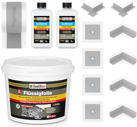 Isolbau Dicht-Set - Inkl. 1x Flüssigfolie (12 kg), 2x Grundierlösung (je 1 L), 1x Dichtband (20 m), 4x Innenecken, 2x Außenecken & 4x Manschetten