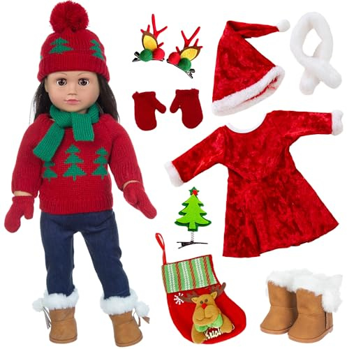 Ebuddy Doll Clothes & Accessories - Christmas Santa Costume Set for 17 & 18 Inch Dolls, Including Xmas Tree Sweater Set