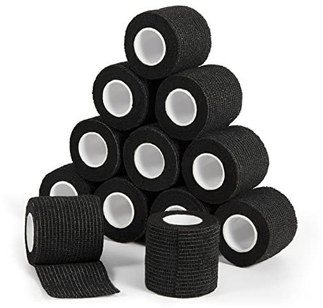 12 Rotoli Benda Elastica Coesiva 5cm x 4,5m, Bendaggio Adesiva Coesiva Nastro Bendaggio Sportivo Non Tessuto Autoadesivo Benda Salvapelle Fasciature per Mani, Piedi, Ginocchia, Braccia (Nero)