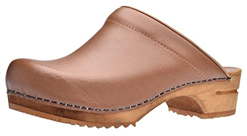 Sanita Lotte offener Clog | Original handgemacht | Leder-Holzclogs für Damen | Nachhaltige Sohle | Cognacbraun | 39 EU