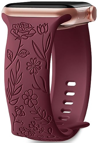 Mastten Floral Engraved Strap Compatible with Apple Watch Straps 38mm 40mm 41mm 42mm Women, Soft Silicone Elegant Rose Floral Band for iWatch SE 3 2 1 Series 11 10 9 8 7 6 5 4 3 2 1, Wine Red