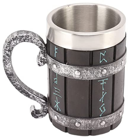 Fockety Chope de bière, acier inoxydable à coquille en résine résistant à de hautes températures Motif 3D style rétro Viking Chope de bière Viking Rune grande capacité
