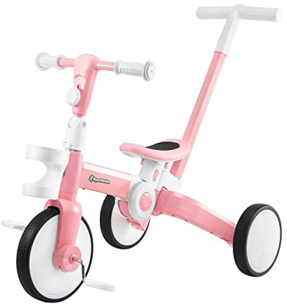 HyperMotion Triciclo Passeggino 5 in 1 per Bambini 18 Mesi-4 Anni - Bici Senza Pedali con Maniglione Regolabile, Pieghevole e Trasformabile da Triciclo a Mini Bicicletta - Rosa