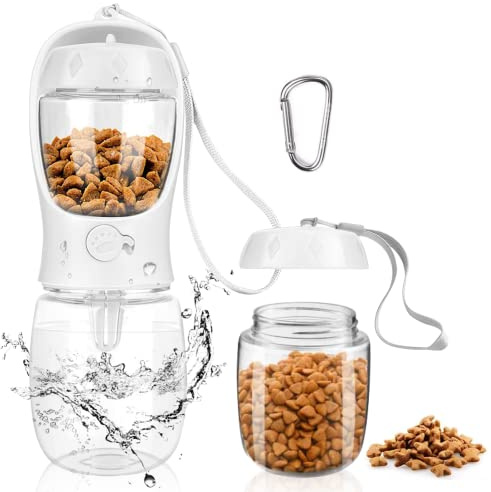 MYOWELL 2-in-1 Hunde Trinkflasche mit Futterbox (350ml + 100g) - Hundetrinkflasche für Unterwegs, Auslaufsichere, Leicht zu Tragen mit Karabiner für Große Kleine Hunde (Weiß)