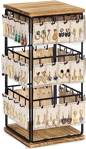 Emfogoo Organizador Pendientes, Expositor Pendientes 3 Capas un Total de 48 Enlaces, Organizador Joyas 18.5x18.5x40 cm, Soporte Joyas & Joyero Pendientes (Metal y Madera)