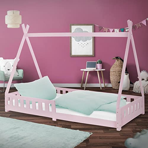 ML-Design Barnsäng Tipi 90x200 cm Rosa med fallskydd och lamellstomme, tillverkad av furu, indisk säng av massivt trä för flickor, hus säng med staket, barnhus träsäng ungdomssäng leksäng tält